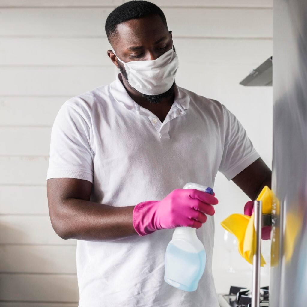 portrait adult male disinfecting house