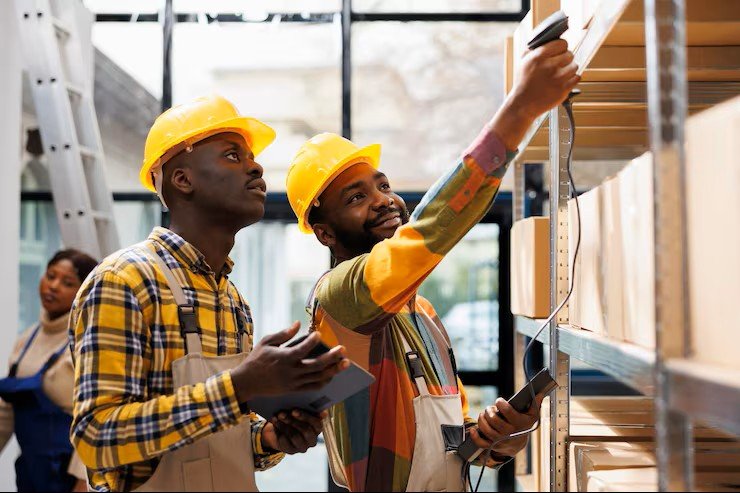 warehouse-smiling-colleagues-scanning-cardboard-box-barcode-chatting-482257-77667